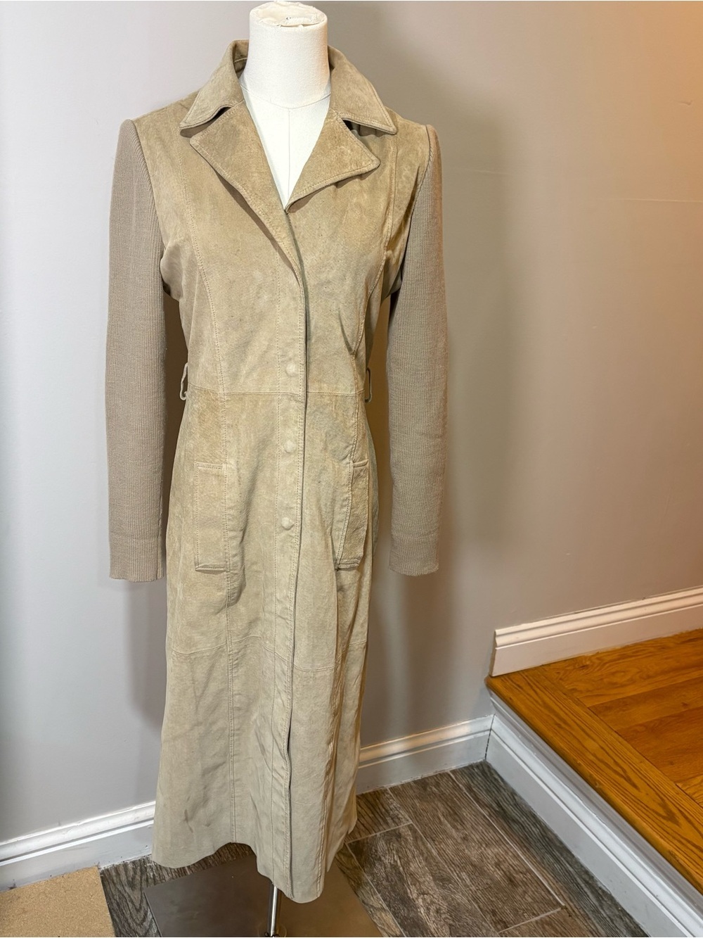 Vtg‎ Forever 21 Suede Ribbed Sleeve Long Jacket Coat Sz S Y2K Snap Closure 90s
